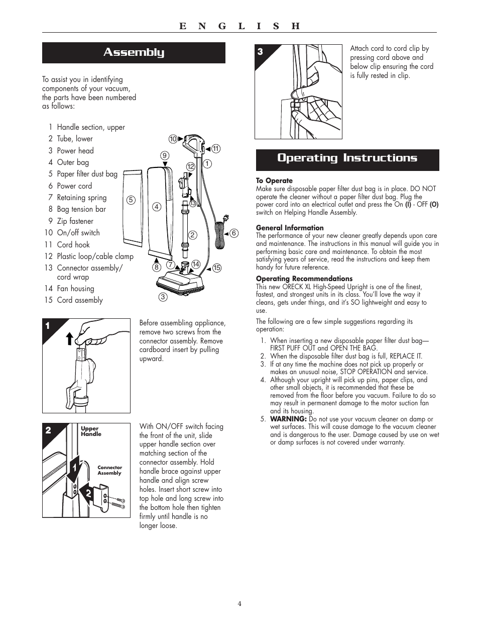 Perating, Nstructions, Ssembly | Oreck XL2100RH User Manual | Page 4 / 20