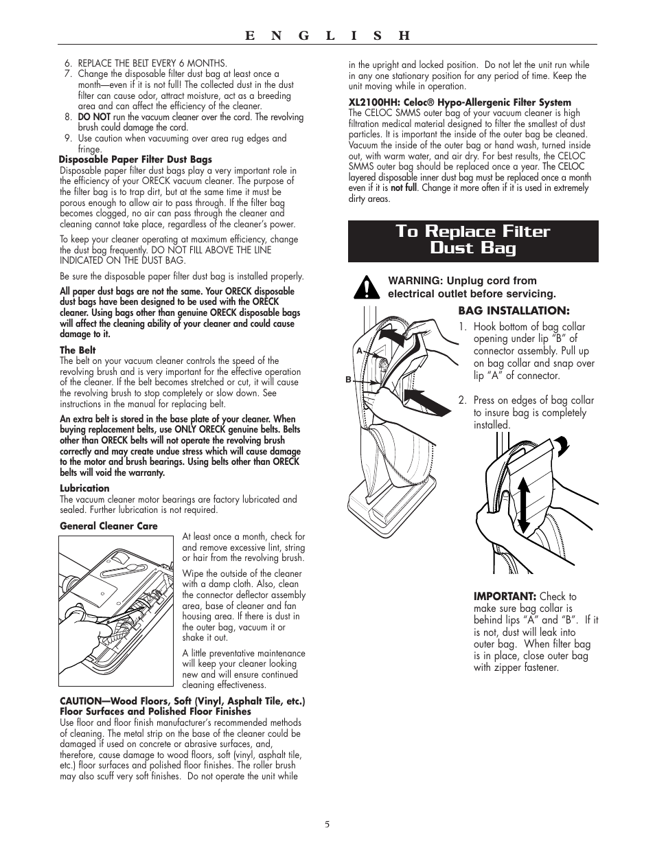 Eplace, Ilter | Oreck XL2100RH User Manual | Page 5 / 20