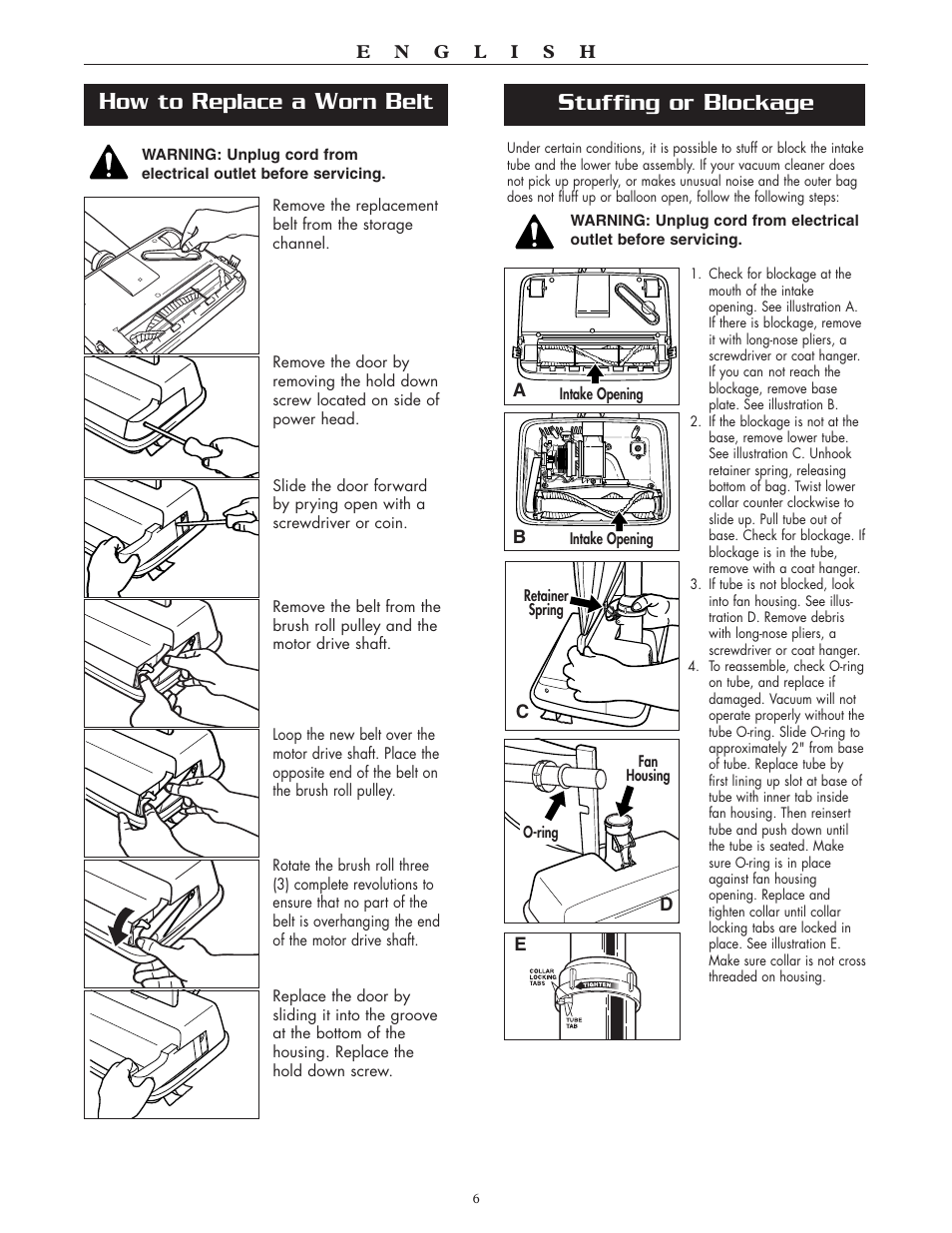 Tuffing or, Lockage, Ow to | Eplace a | Oreck XL2100RH User Manual | Page 6 / 20