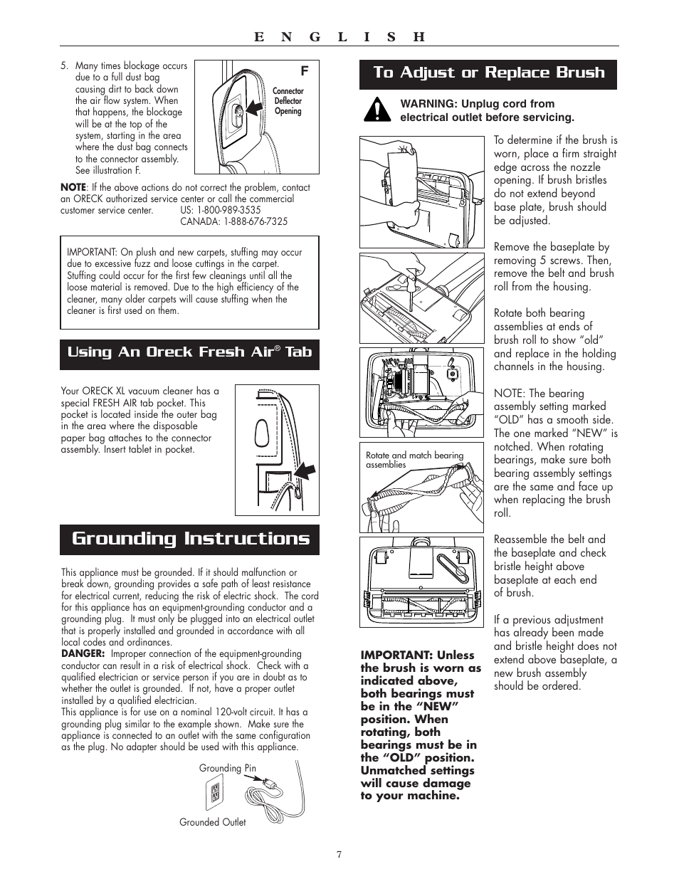 Grounding instructions, Djust or, Eplace | Rush, Using an oreck fresh air | Oreck XL2100RH User Manual | Page 7 / 20