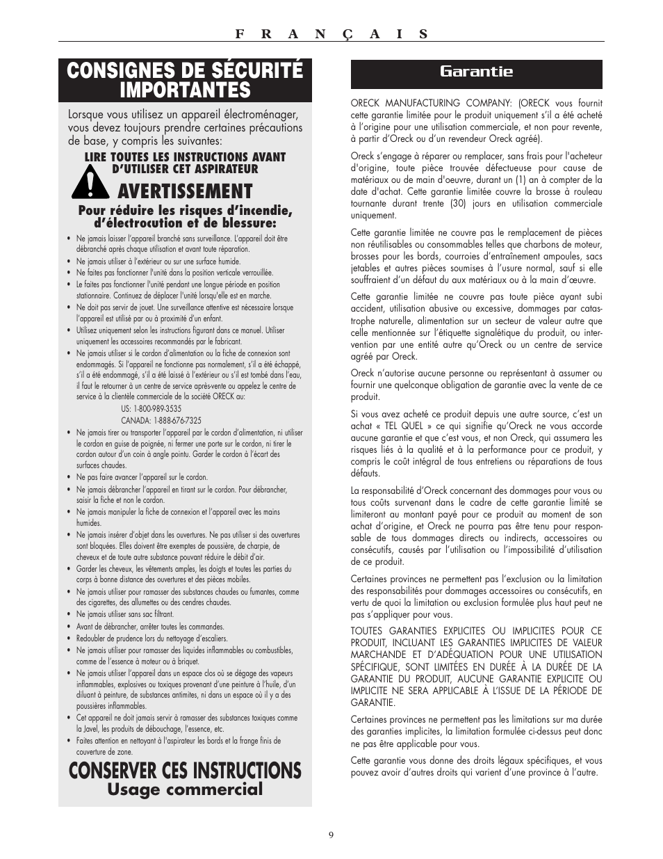 Consignes de sécurité importantes, Conserver ces instructions, Avertissement | Arantie, Usage commercial | Oreck XL2100RH User Manual | Page 9 / 20
