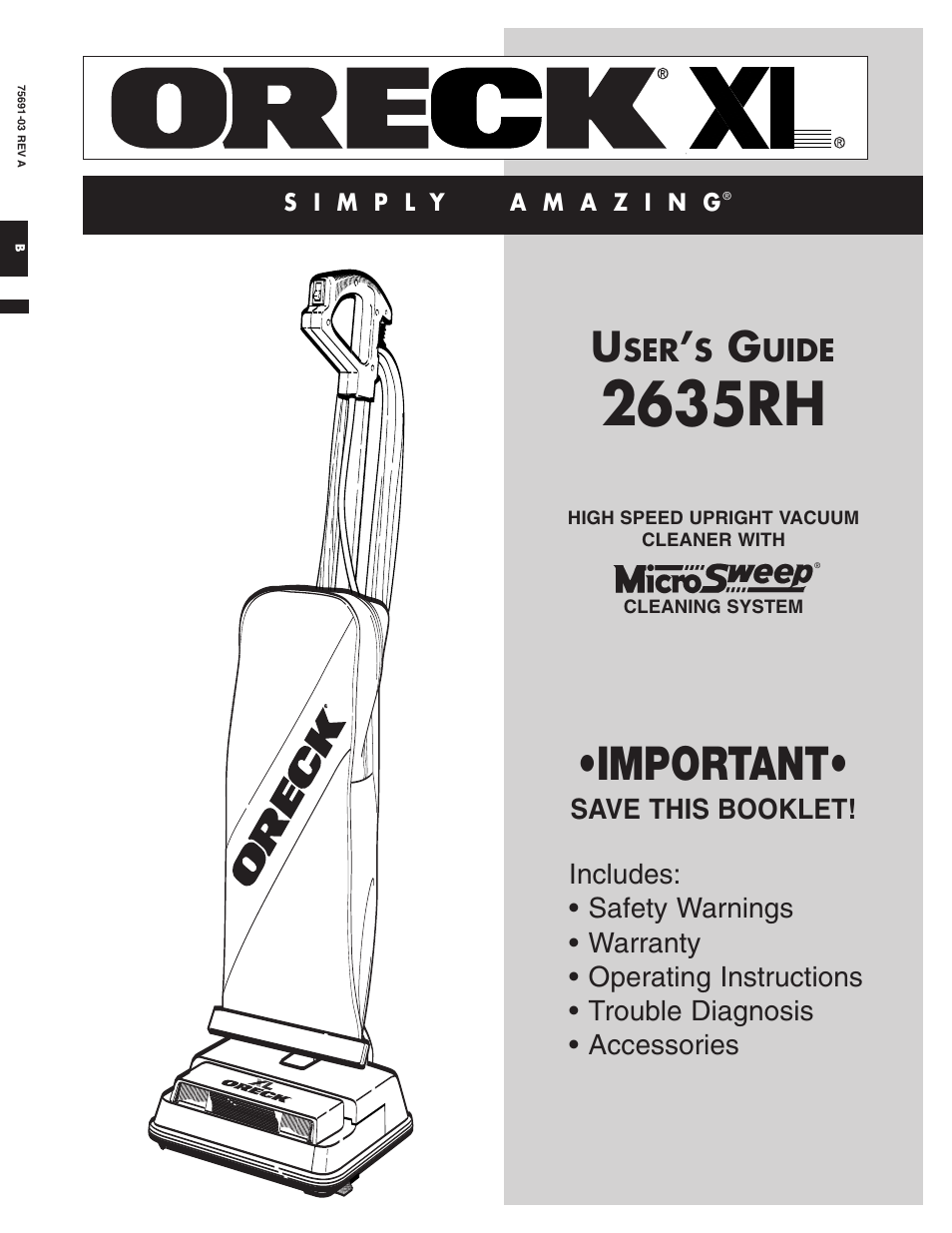 Oreck 2635RH User Manual | 8 pages