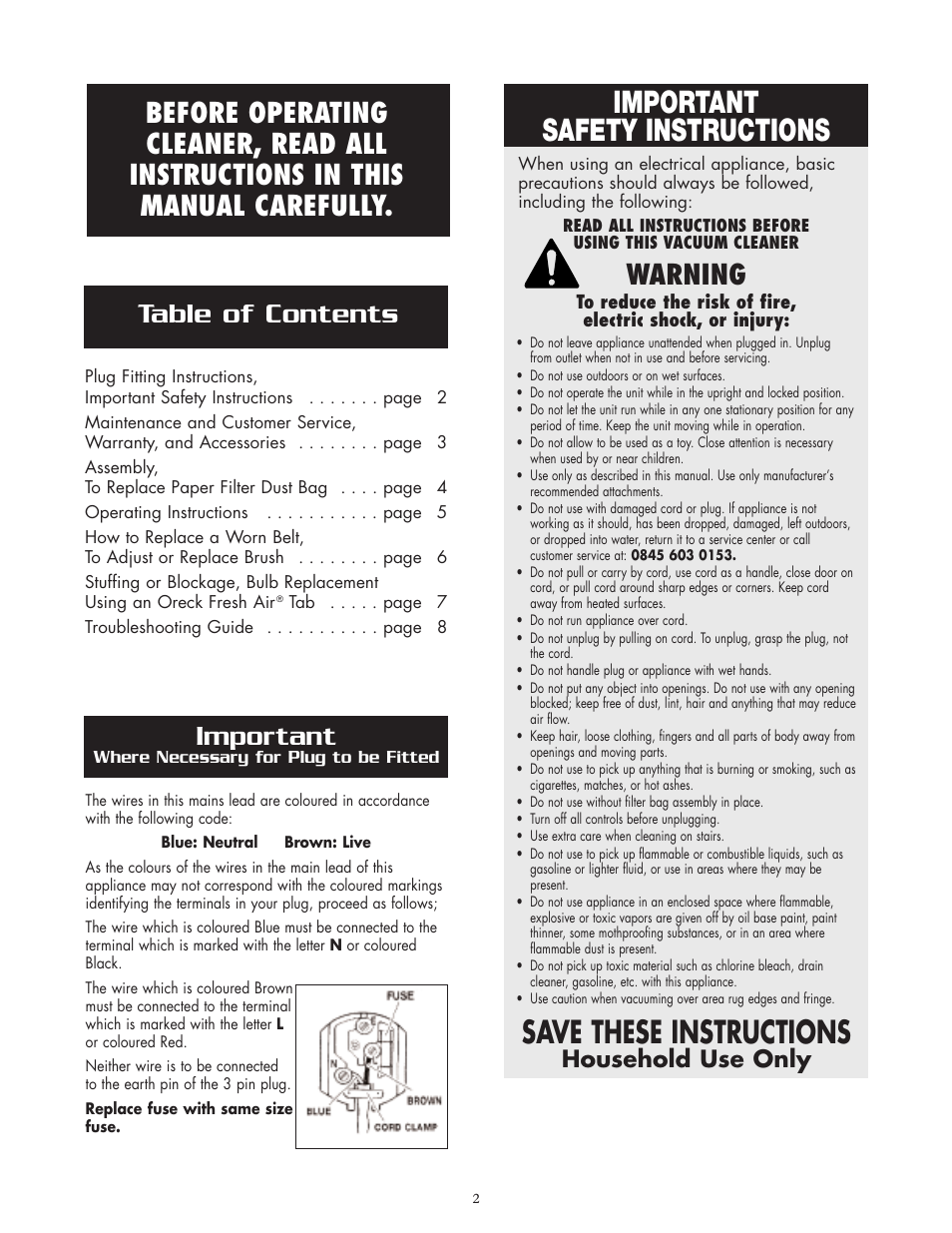 Important safety instructions, Save these instructions, Important | Warning, Household use only | Oreck 2635RH User Manual | Page 2 / 8