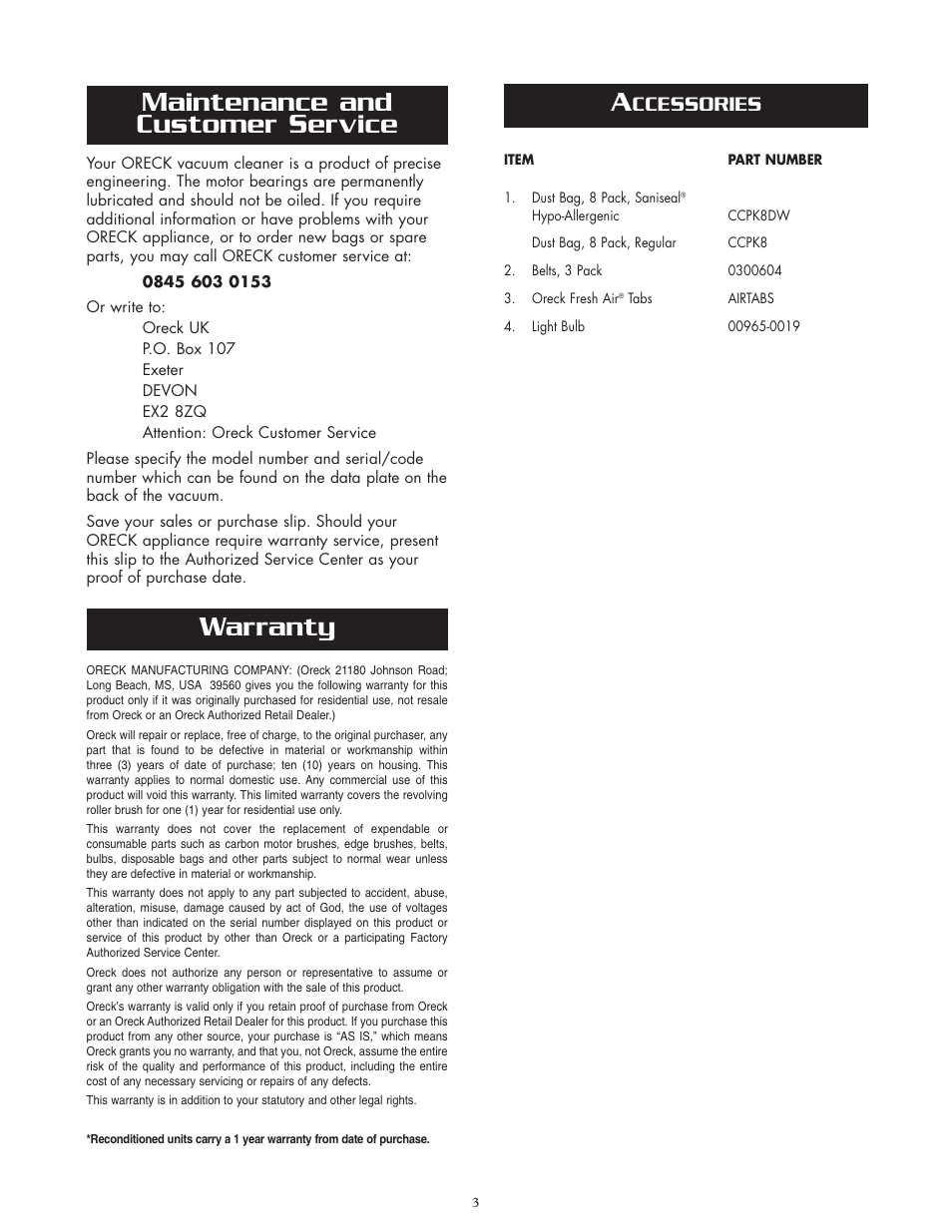 Maintenance and customer service warranty, Ccessories | Oreck 2635RH User Manual | Page 3 / 8