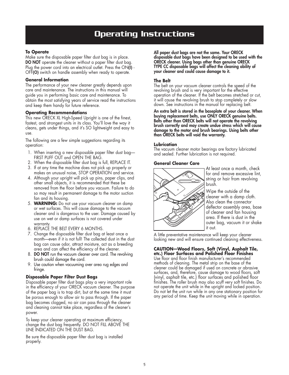 Operating instructions | Oreck 2635RH User Manual | Page 5 / 8