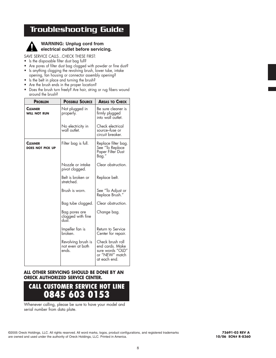 Troubleshooting guide, Call customer service hot line | Oreck 2635RH User Manual | Page 8 / 8