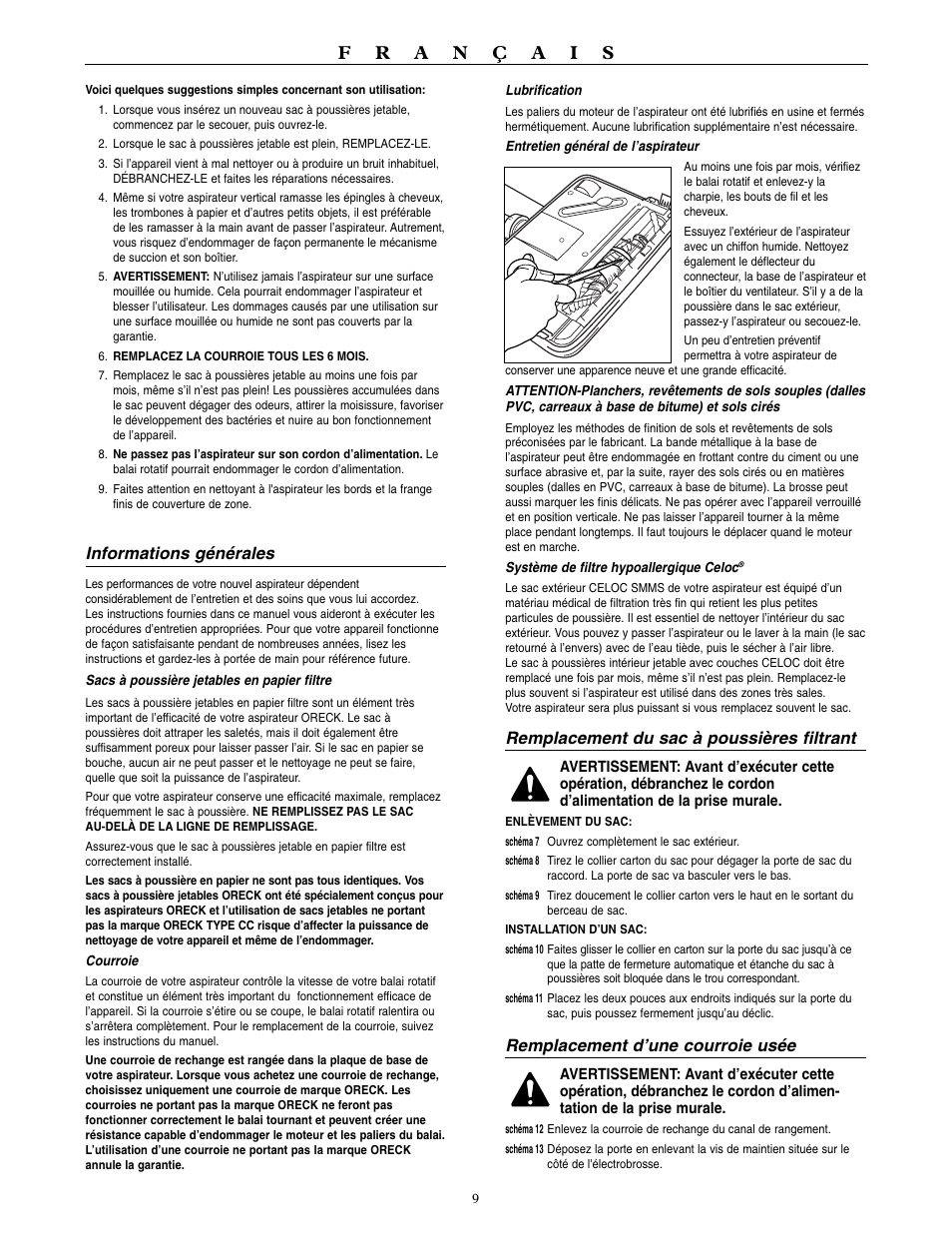 Informations générales, Remplacement du sac à poussières filtrant, Remplacement d’une courroie usée | Oreck XL U3760HH User Manual | Page 10 / 16