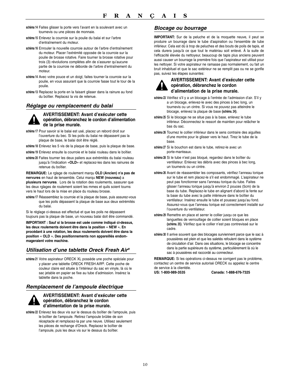 Réglage ou remplacement du balai, Utilisation d’une tablette oreck fresh air, Remplacement de l’ampoule électrique | Blocage ou bourrage | Oreck XL U3760HH User Manual | Page 11 / 16