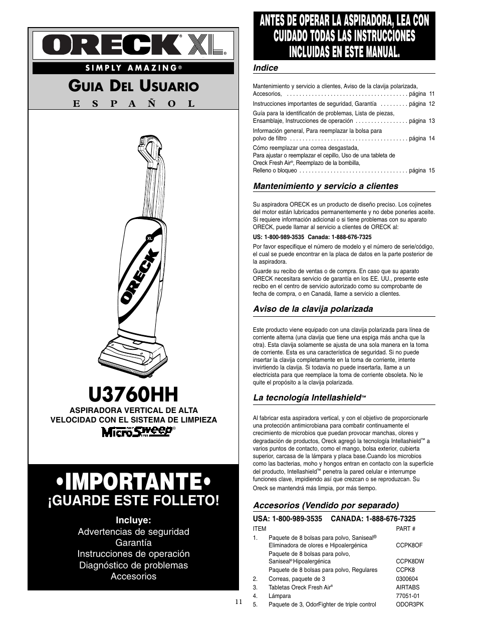 Importante, U3760hh, Guarde este folleto | Suario | Oreck XL U3760HH User Manual | Page 12 / 16