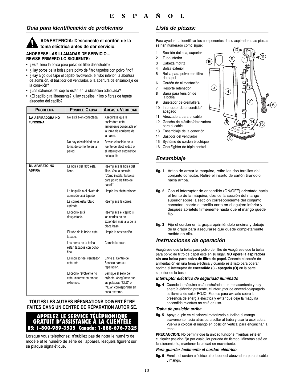 Guía para identificación de problemas, Lista de piezas, Ensamblaje | Instrucciones de operación | Oreck XL U3760HH User Manual | Page 14 / 16