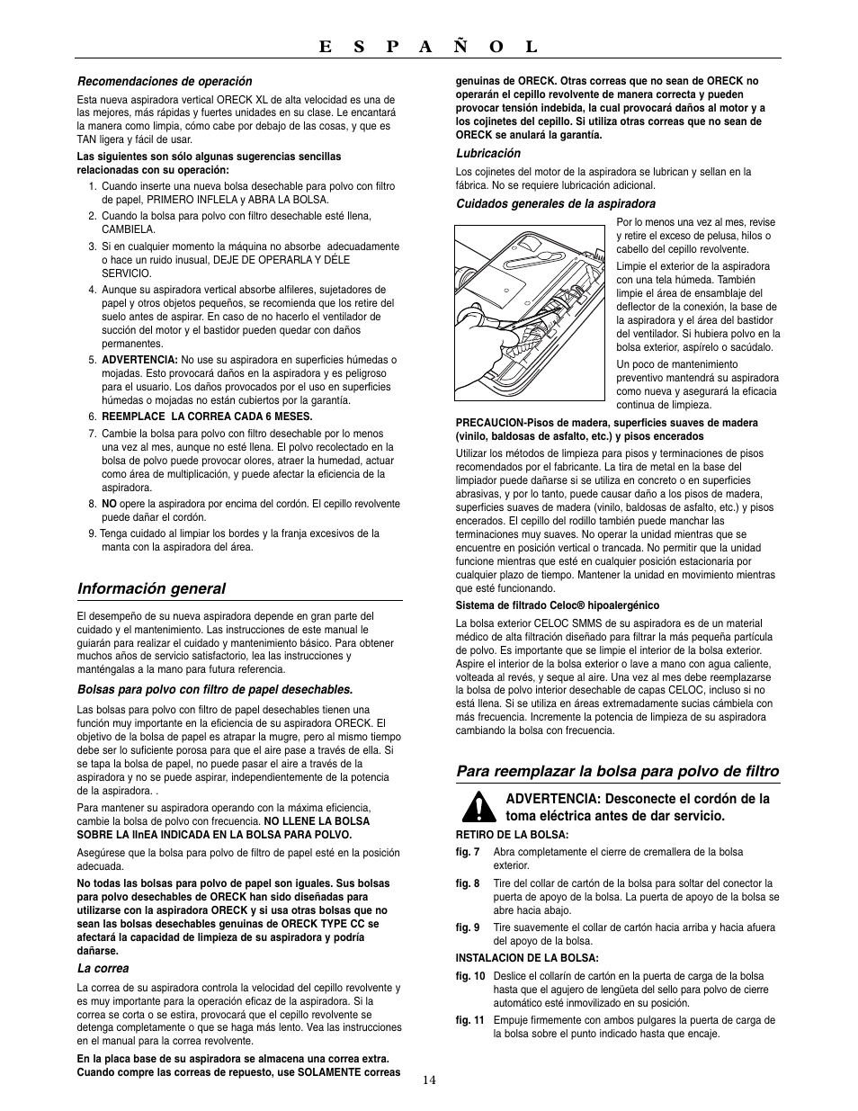Información general, Para reemplazar la bolsa para polvo de filtro | Oreck XL U3760HH User Manual | Page 15 / 16