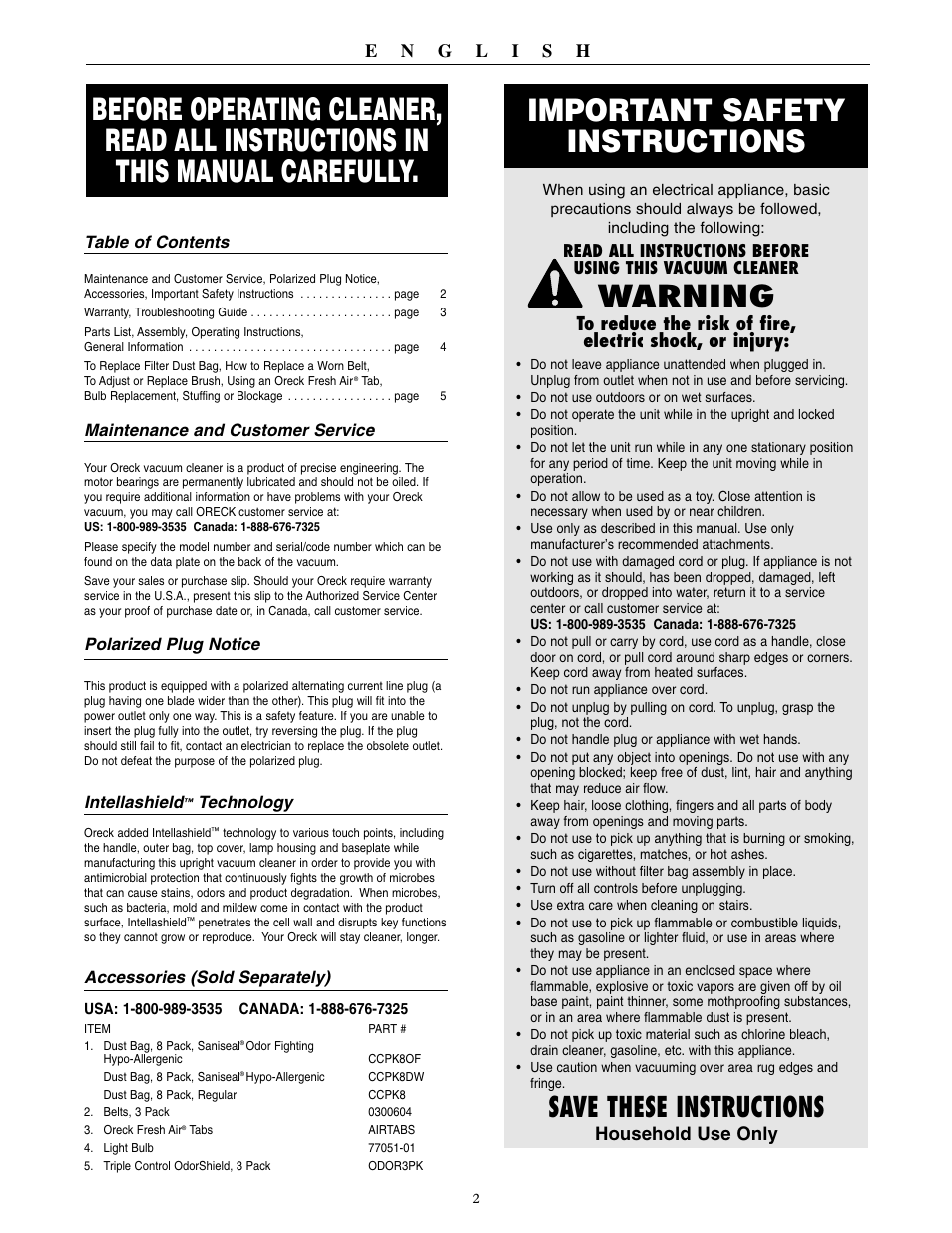 Important safety instructions, Warning, Save these instructions | Household use only | Oreck XL U3760HH User Manual | Page 3 / 16