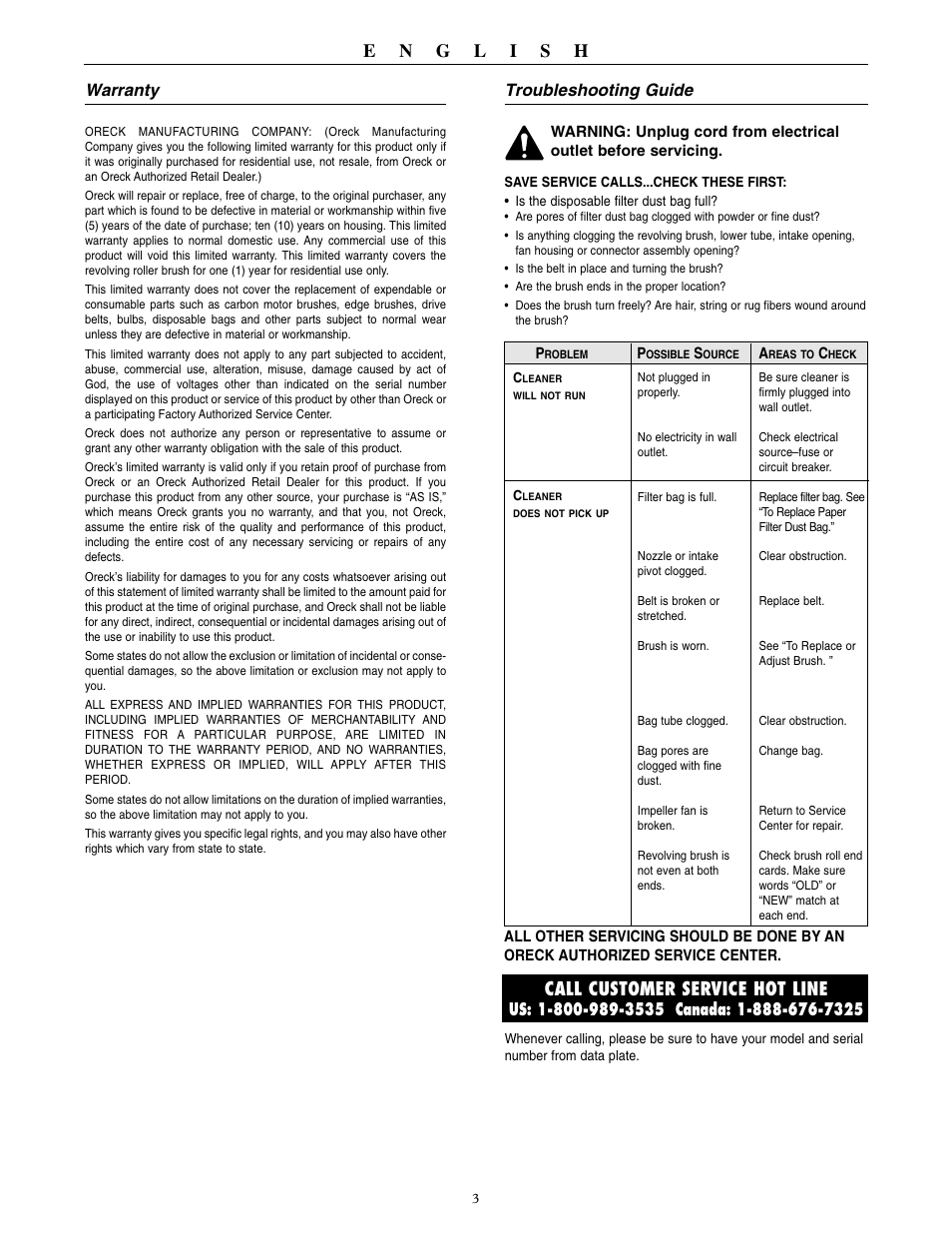 Call customer service hot line, Warranty, Troubleshooting guide | Oreck XL U3760HH User Manual | Page 4 / 16