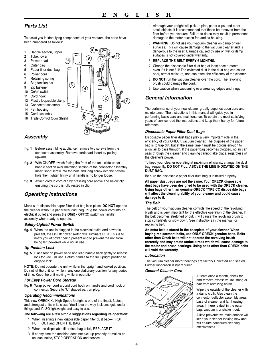 General information, Parts list, Assembly | Operating instructions | Oreck XL U3760HH User Manual | Page 5 / 16