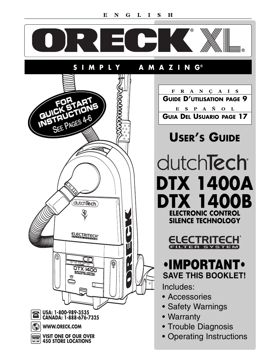 Oreck DTX 1400A User Manual | 24 pages