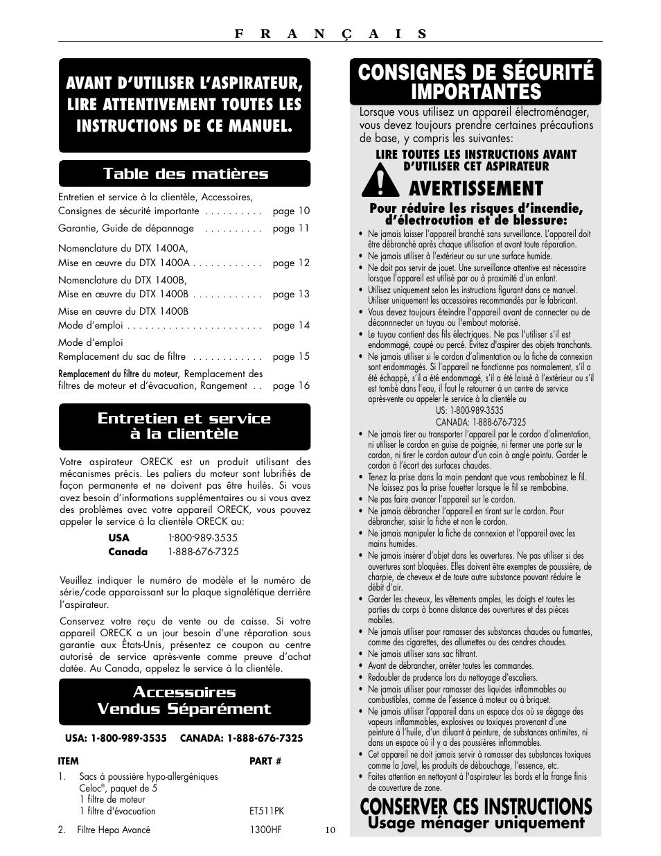 Avertissement, Ntretien et service à la clientèle, Ccessoires | Endus, Éparément, Usage ménager uniquement | Oreck DTX 1400A User Manual | Page 10 / 24