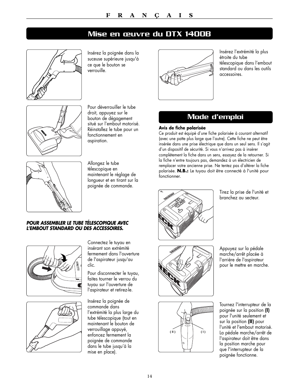 Mise en œuvre du dtx 1400b, Ode d’emploi | Oreck DTX 1400A User Manual | Page 14 / 24