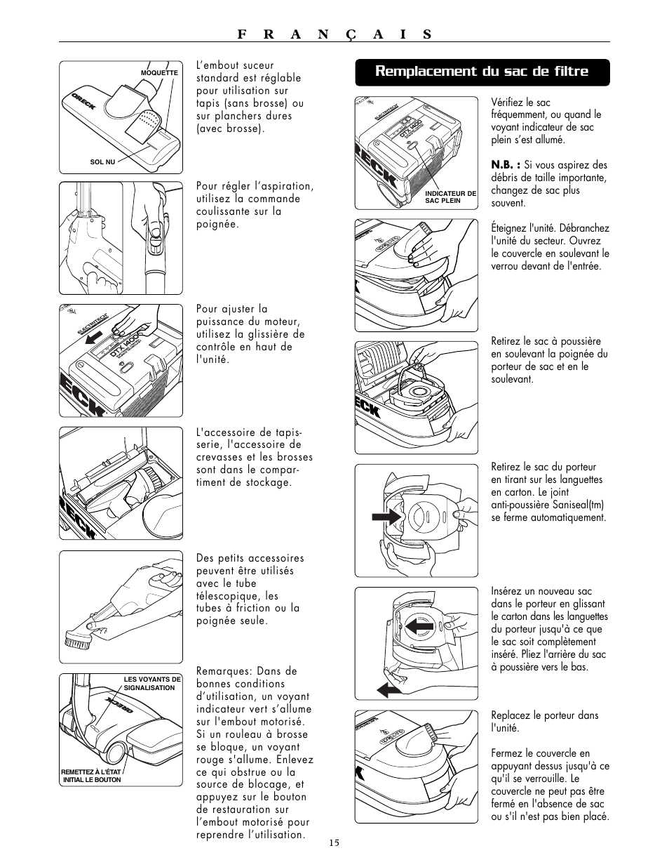 Emplacement du sac de filtre | Oreck DTX 1400A User Manual | Page 15 / 24