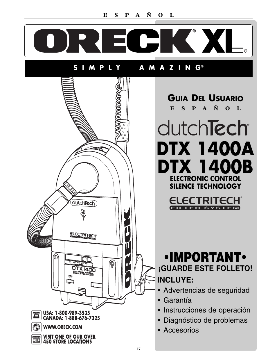 Important, Guarde este folleto! incluye | Oreck DTX 1400A User Manual | Page 17 / 24