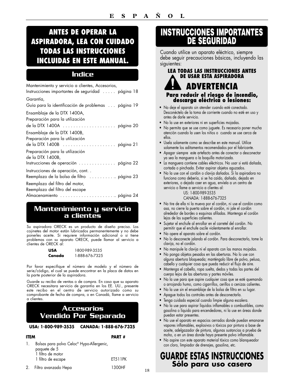 Advertencia, Antenimiento y servicio a clientes, Sólo para uso casero | Ccesorios, Endido, Eparado | Oreck DTX 1400A User Manual | Page 18 / 24