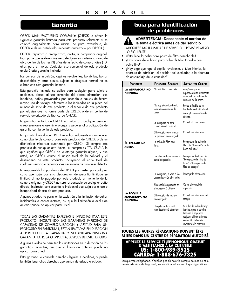 Arantía, Uía para identificación de problemas | Oreck DTX 1400A User Manual | Page 19 / 24