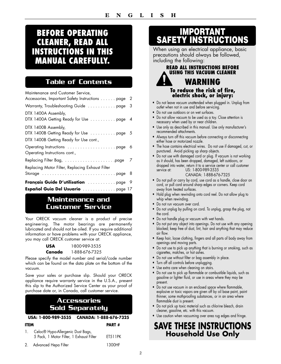 Save these instructions, Important safety instructions, Warning | Aintenance and, Ustomer, Ervice, Able of, Ontents, Household use only, Ccessories | Oreck DTX 1400A User Manual | Page 2 / 24