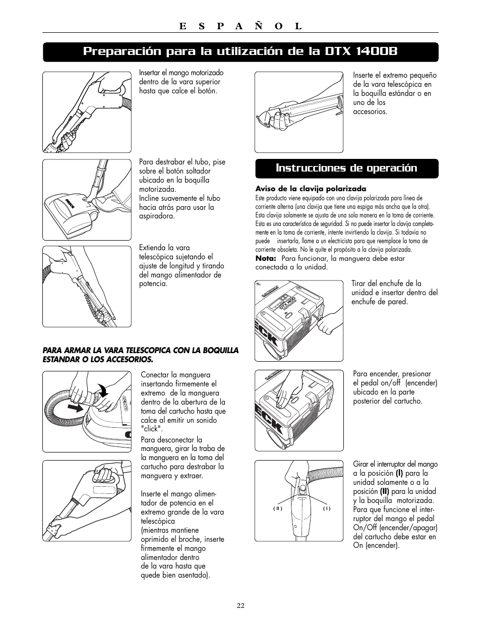 Preparación para la utilización de la dtx 1400b i, Nstrucciones de operación | Oreck DTX 1400A User Manual | Page 22 / 24