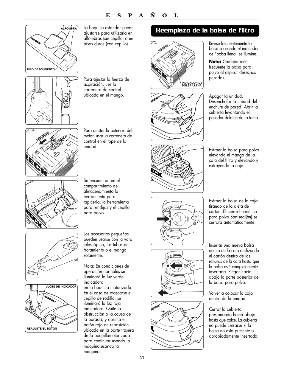Eemplazo de la bolsa de filtro | Oreck DTX 1400A User Manual | Page 23 / 24