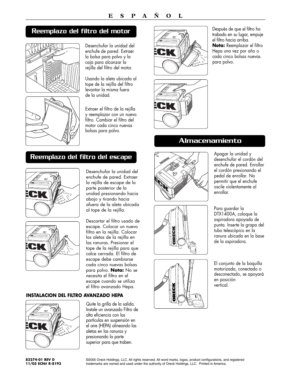 Lmacenamiento, Eemplazo del filtro del motor, Eemplazo del filtro del escape | Oreck DTX 1400A User Manual | Page 24 / 24