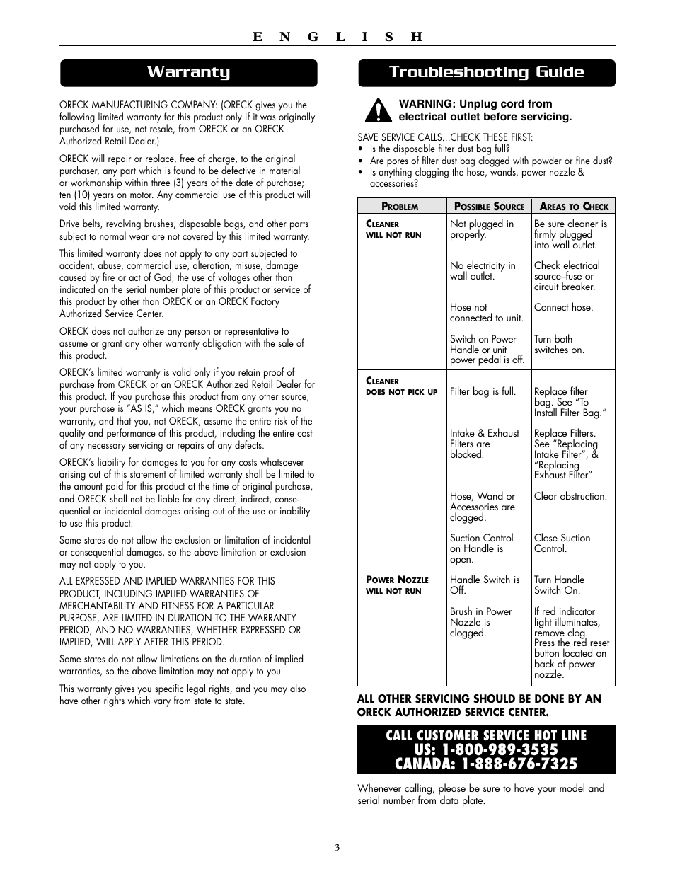 Roubleshooting, Uide, Arranty | Oreck DTX 1400A User Manual | Page 3 / 24
