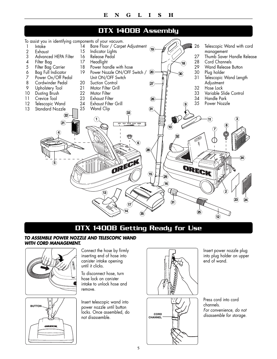 Dtx 1400b a, Dtx 1400b g, Ssembly | Etting, Eady for | Oreck DTX 1400A User Manual | Page 5 / 24