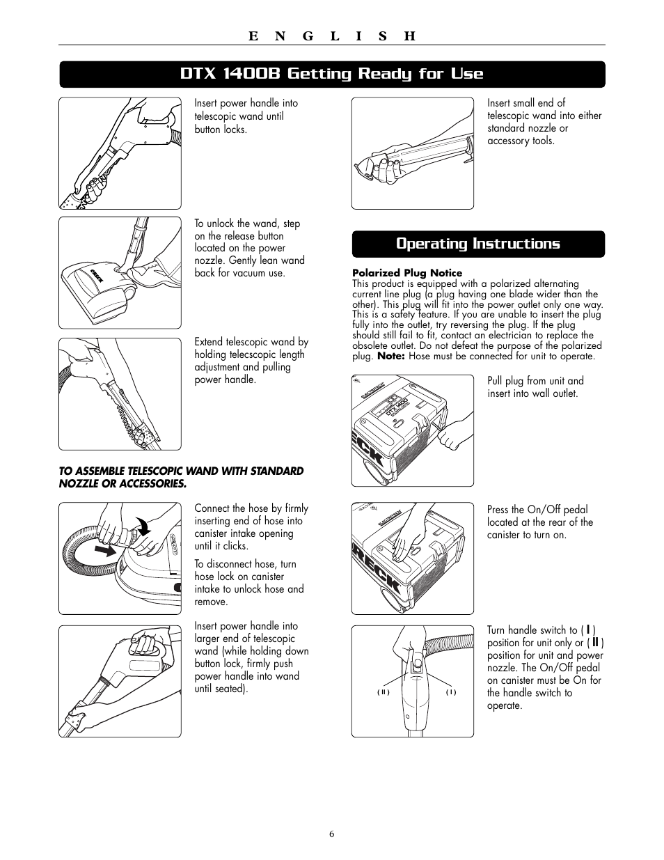 Dtx 1400b g, Etting, Eady for | Perating, Nstructions | Oreck DTX 1400A User Manual | Page 6 / 24