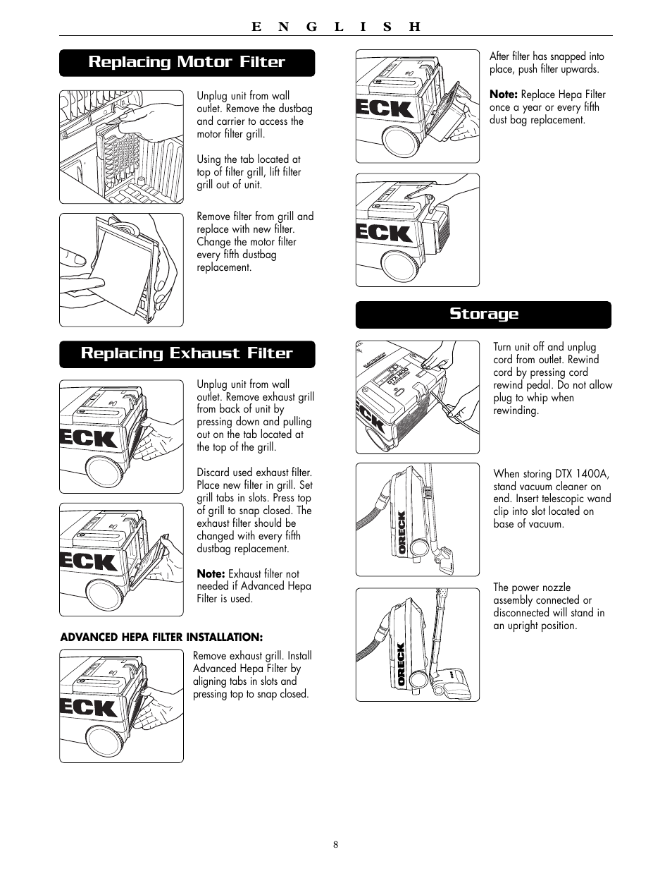 Motor f, Eplacing, Ilter | Xhaust, Torage | Oreck DTX 1400A User Manual | Page 8 / 24