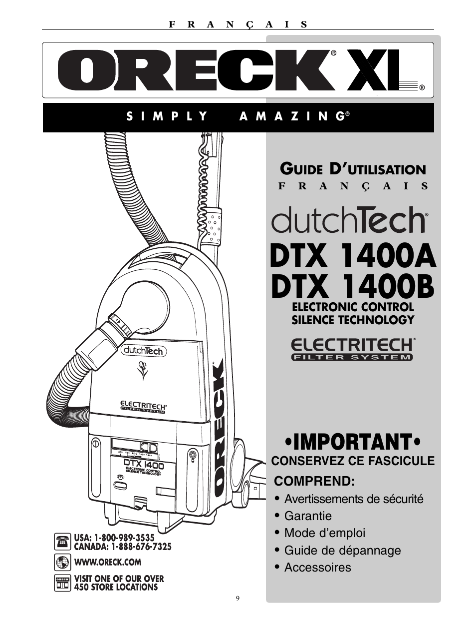 Important, Comprend | Oreck DTX 1400A User Manual | Page 9 / 24