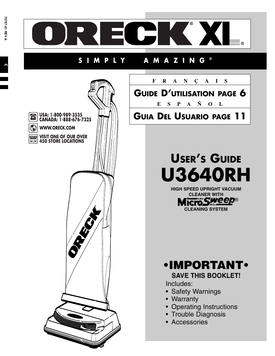 Oreck U3640RH User Manual | 16 pages