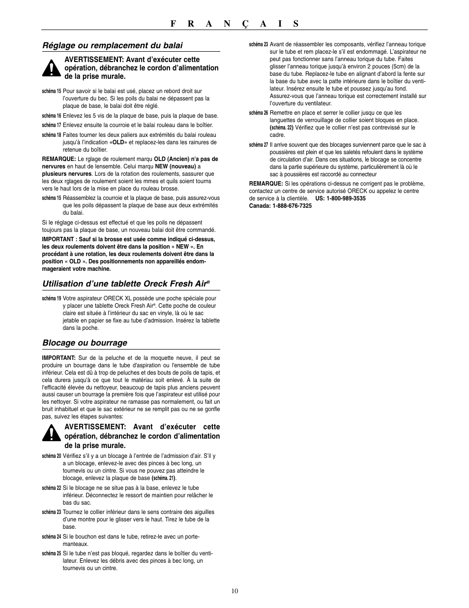 Réglage ou remplacement du balai, Utilisation d’une tablette oreck fresh air, Blocage ou bourrage | Oreck U3640RH User Manual | Page 11 / 16