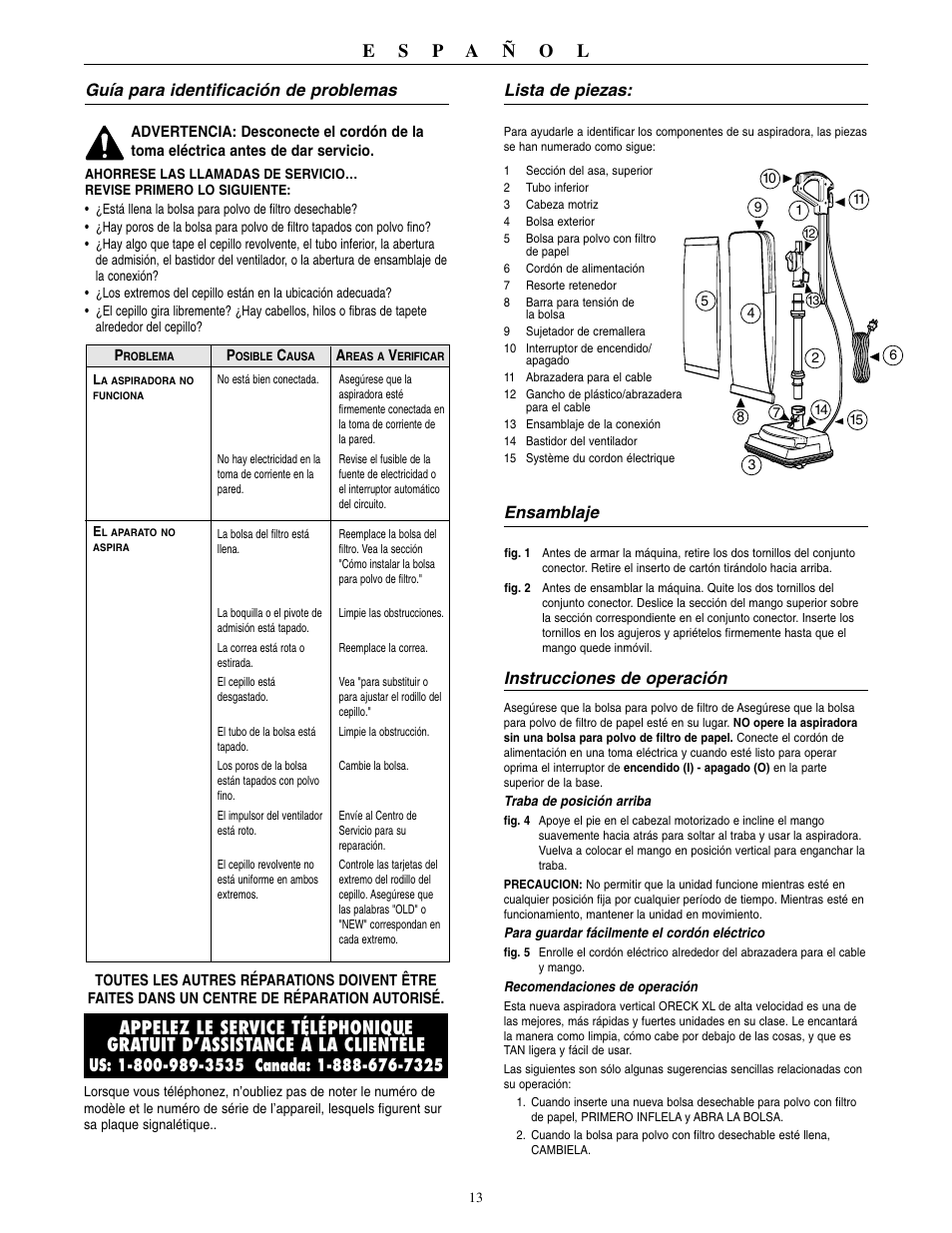 Guía para identificación de problemas, Lista de piezas, Ensamblaje | Instrucciones de operación | Oreck U3640RH User Manual | Page 14 / 16