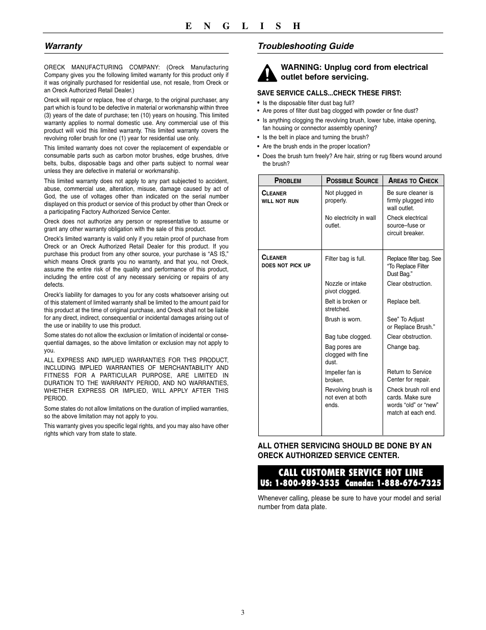 Call customer service hot line, Warranty, Troubleshooting guide | Oreck U3640RH User Manual | Page 4 / 16