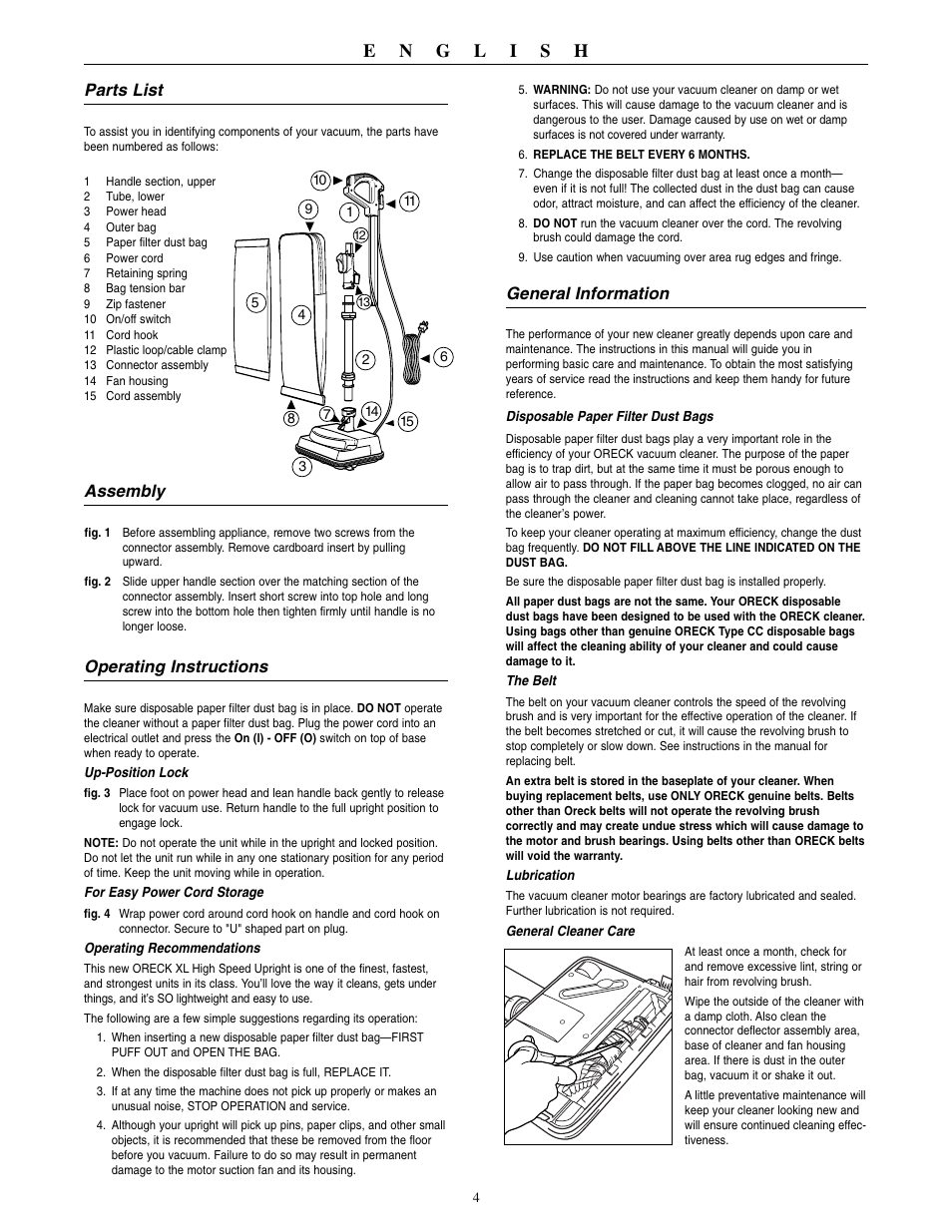 General information, Parts list, Assembly | Operating instructions | Oreck U3640RH User Manual | Page 5 / 16