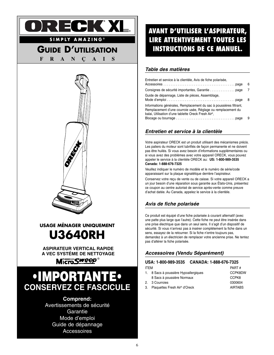 Importante, U3640rh, Conservez ce fascicule | Uide, Utilisation | Oreck U3640RH User Manual | Page 7 / 16