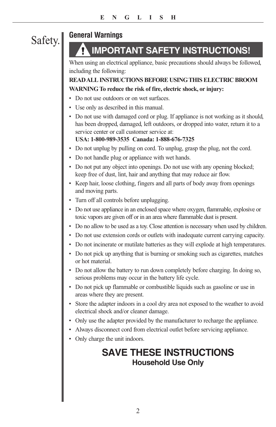 Safety, Save these instructions, Important safety instructions | General warnings, Household use only | Oreck PR8000 User Manual | Page 2 / 8