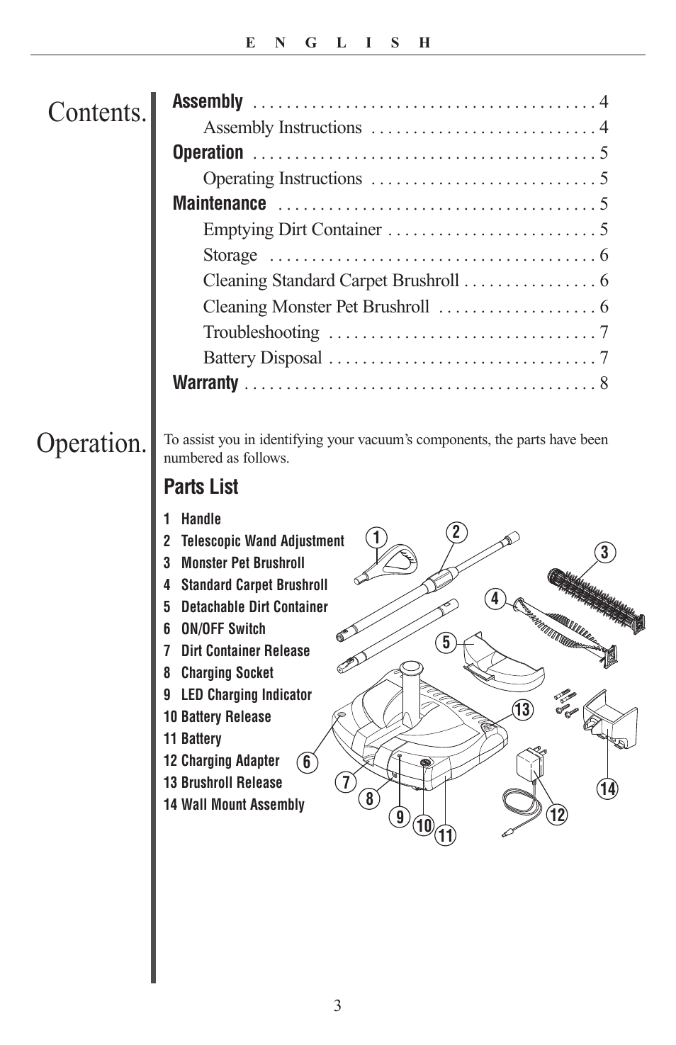 Contents. operation, Parts list | Oreck PR8000 User Manual | Page 3 / 8