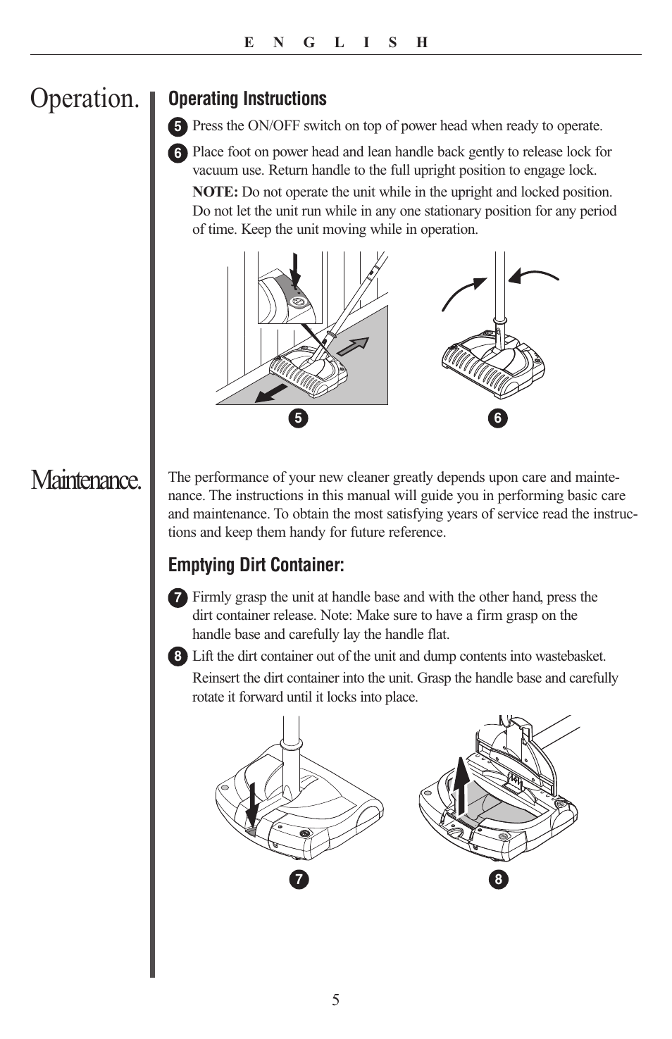 Operation. maintenance | Oreck PR8000 User Manual | Page 5 / 8