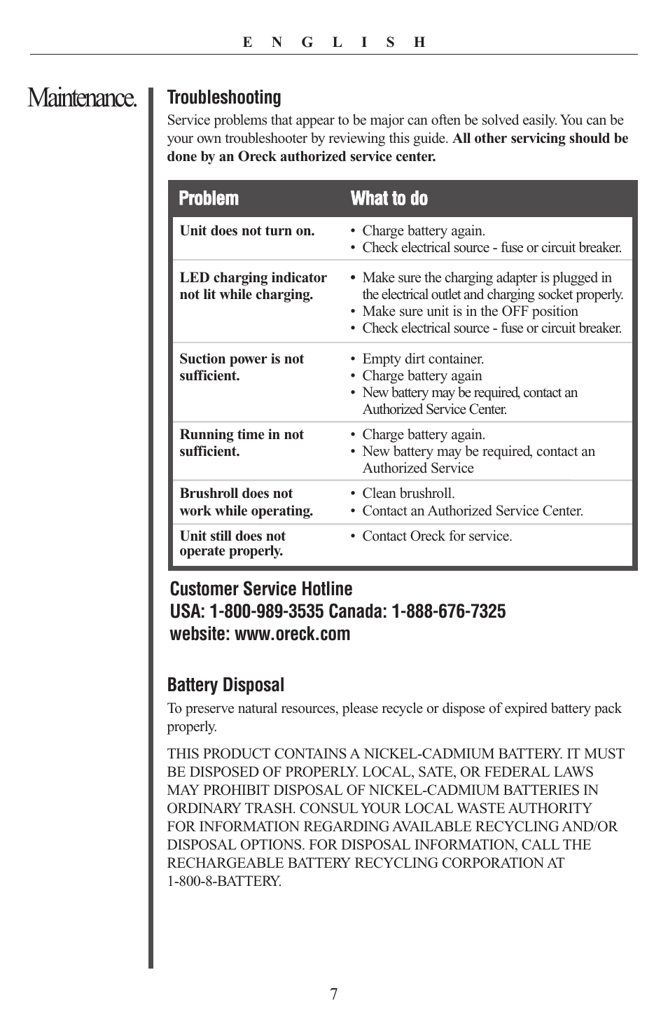 Maintenance | Oreck PR8000 User Manual | Page 7 / 8