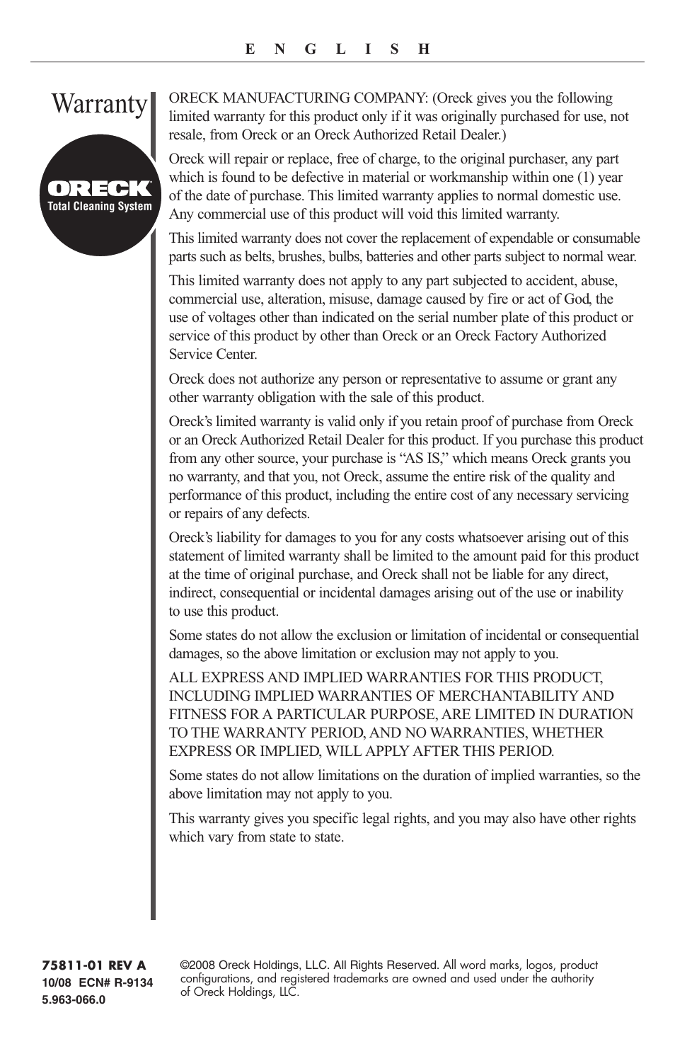 Warranty | Oreck PR8000 User Manual | Page 8 / 8