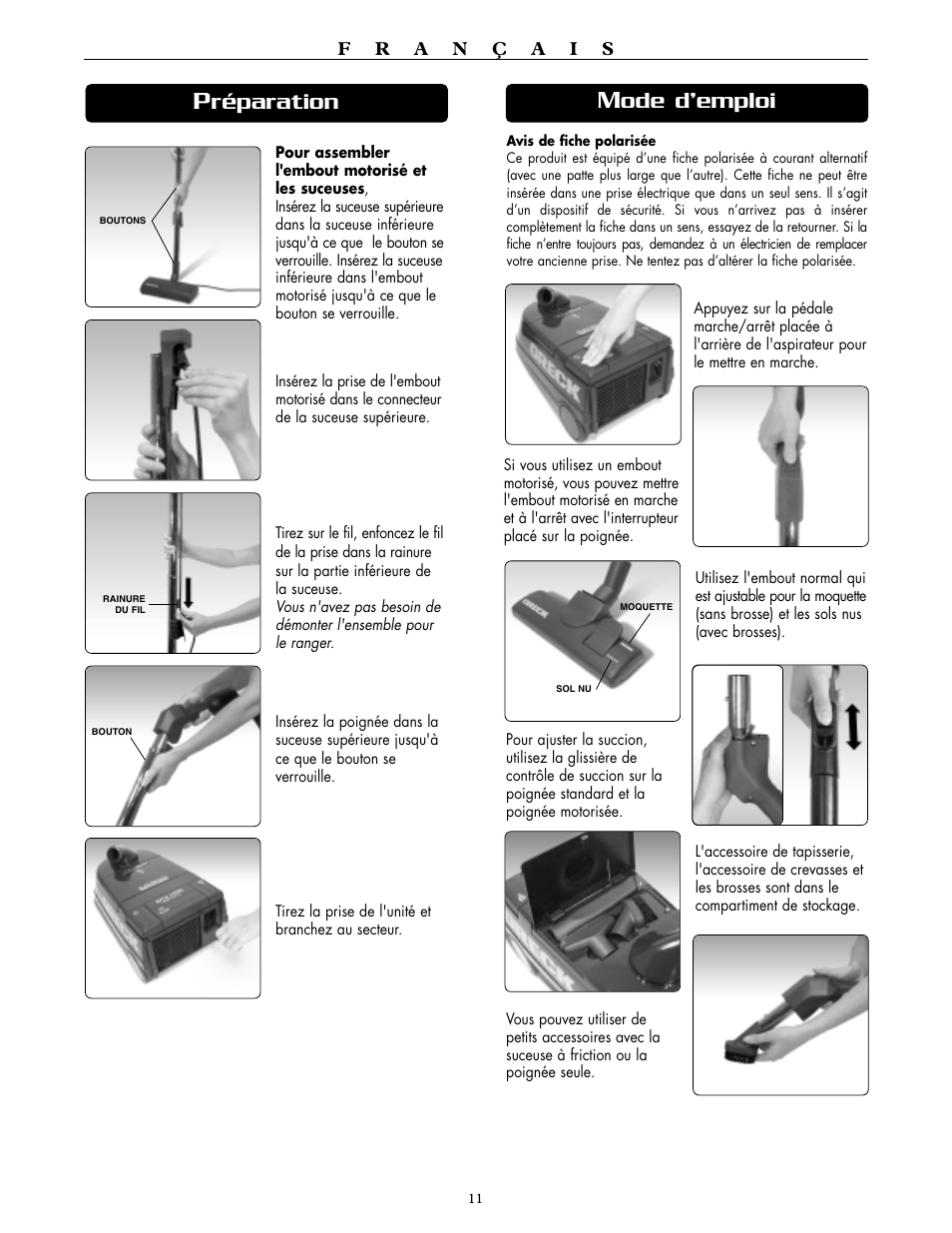 Réparation, Ode d’emploi | Oreck DTX 1100 User Manual | Page 11 / 20