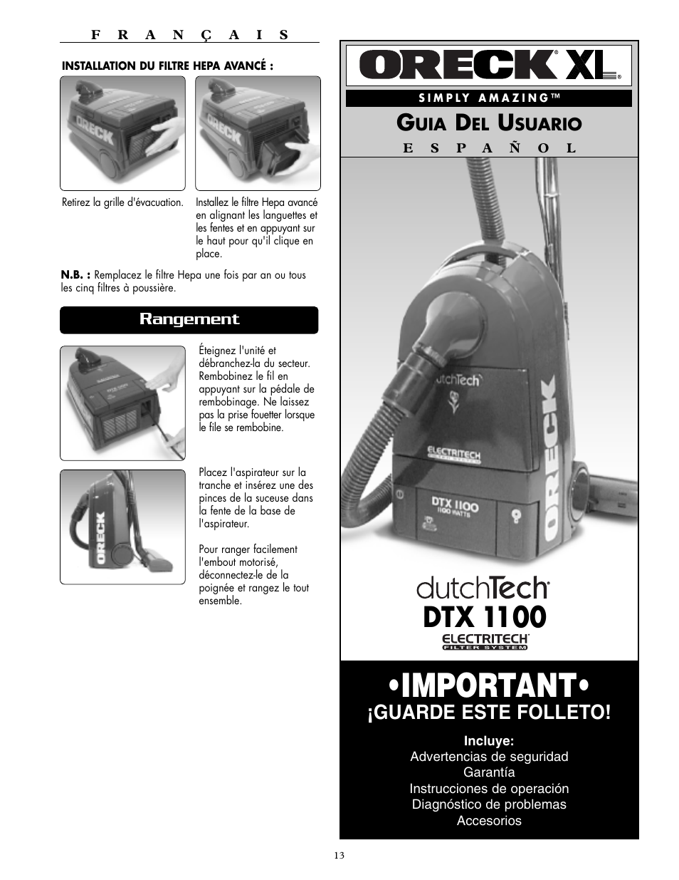 Important, Dtx 1100, Guarde este folleto | Oreck DTX 1100 User Manual | Page 13 / 20