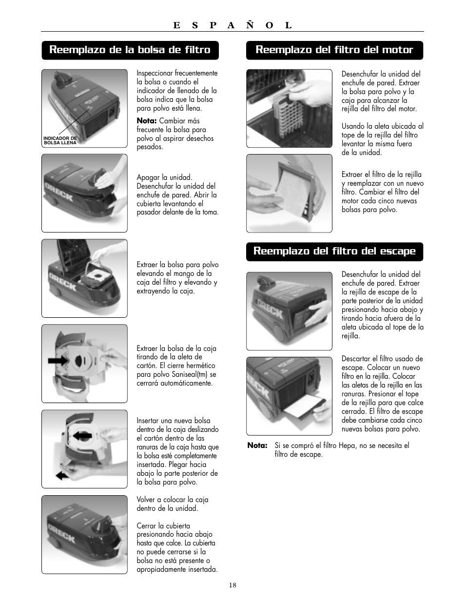 Eemplazo del filtro del motor, Eemplazo del filtro del escape, Eemplazo de la bolsa de filtro | Oreck DTX 1100 User Manual | Page 18 / 20