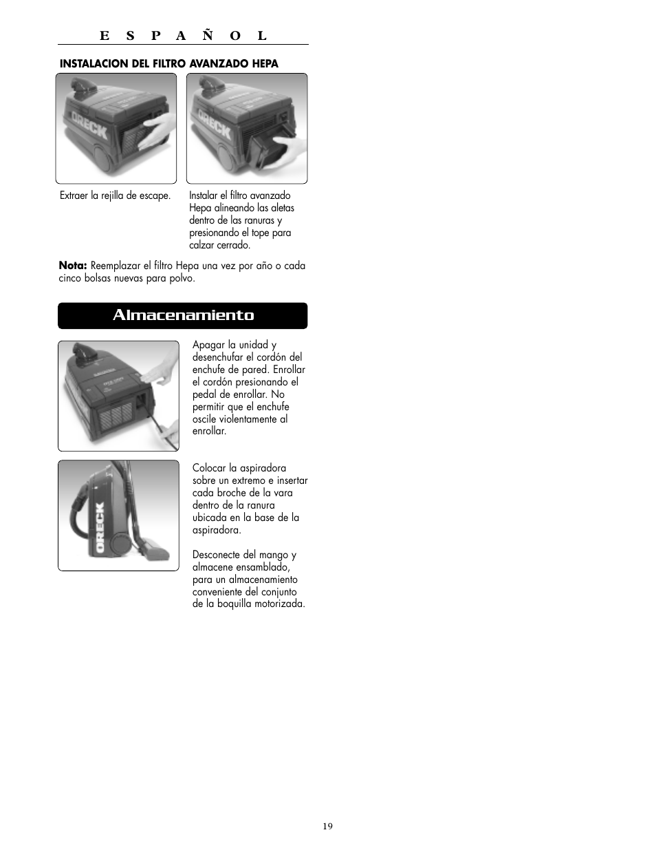 Lmacenamiento | Oreck DTX 1100 User Manual | Page 19 / 20