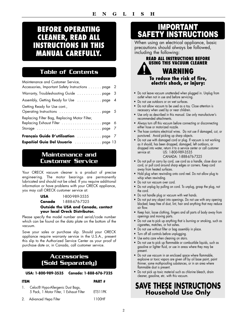 Save these instructions, Important safety instructions, Warning | Household use only, Aintenance and, Ustomer, Ervice, Able of, Ontents, Ccessories | Oreck DTX 1100 User Manual | Page 2 / 20